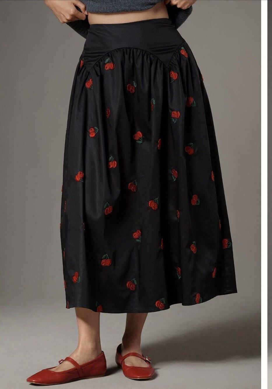 NWT Anthropologie Avec Les Filles Cherry Sequin Full Midi Skirt Black M